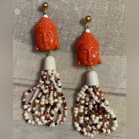 Buddha head earrings seed bead ivory orange red dangle bohemian zen long artisan - Picture 1 of 3
